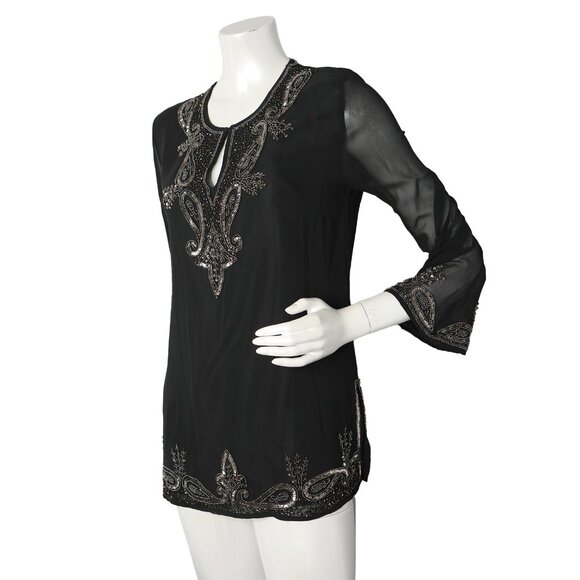 Vintage BCS Silk Sequin Embellished Tunic Top Bell Sleeves Black Metallic Beaded - Picture 4 of 16